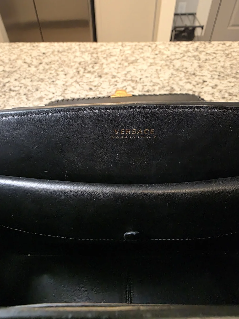Versace Black Leather Satchel with Gold V Leaf Emblem